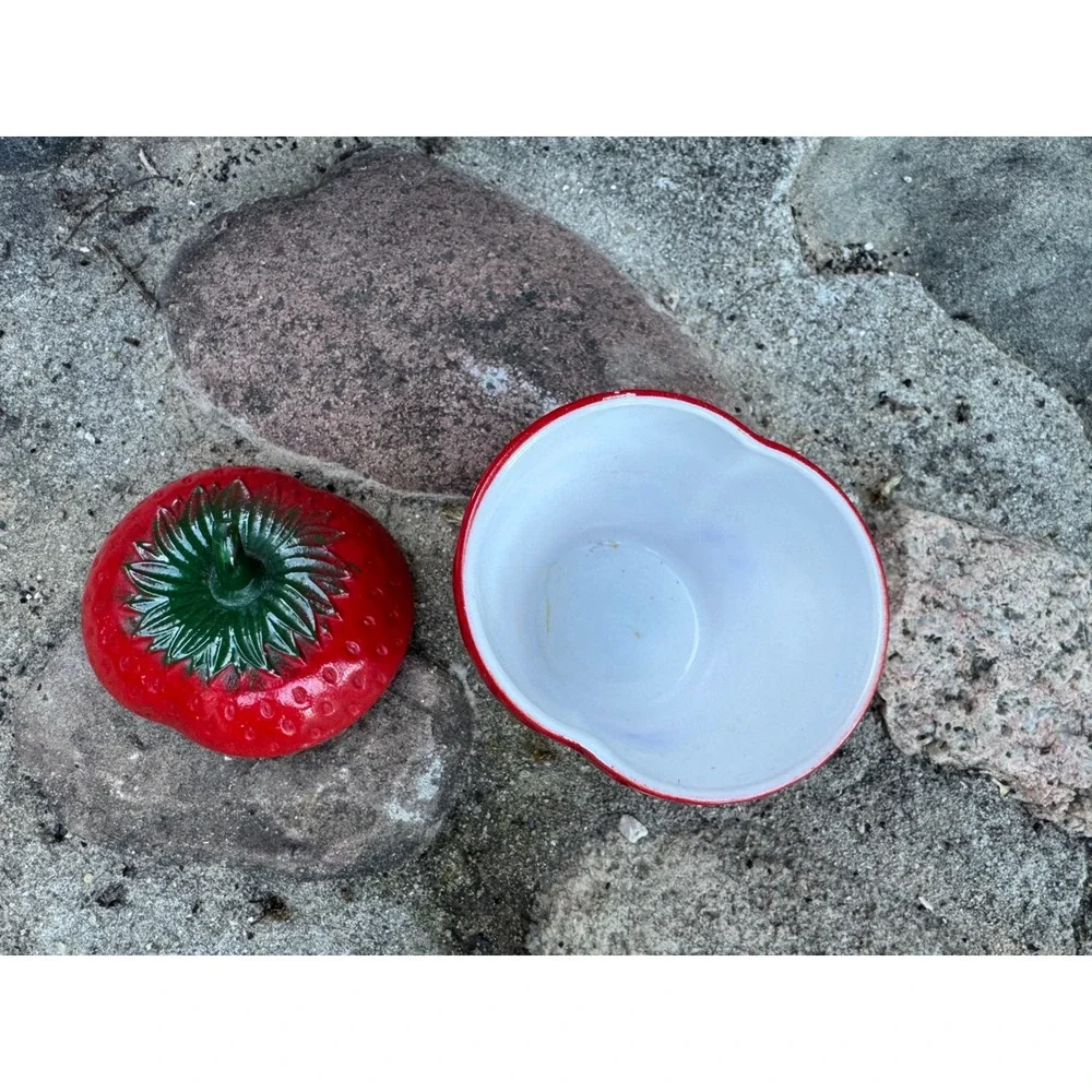Vintage Milk Glass Strawberry Lidded Dish Red Hand Painted Fruit Sugar Bowl